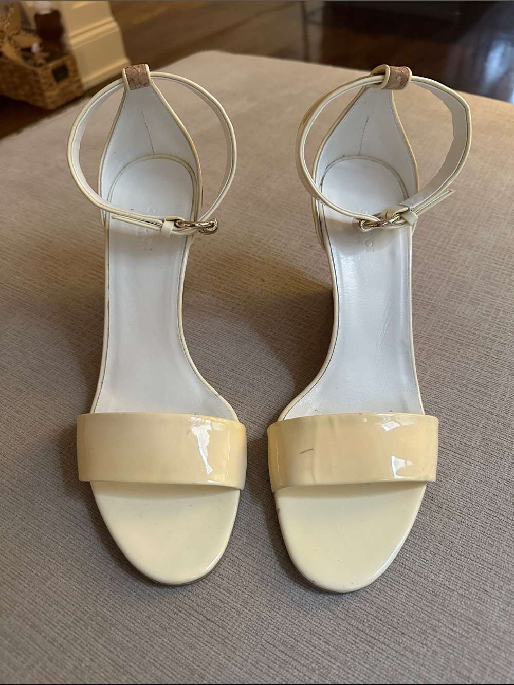 Gucci Cream Patent Leather Ankle-Strap Block Heel Sandals